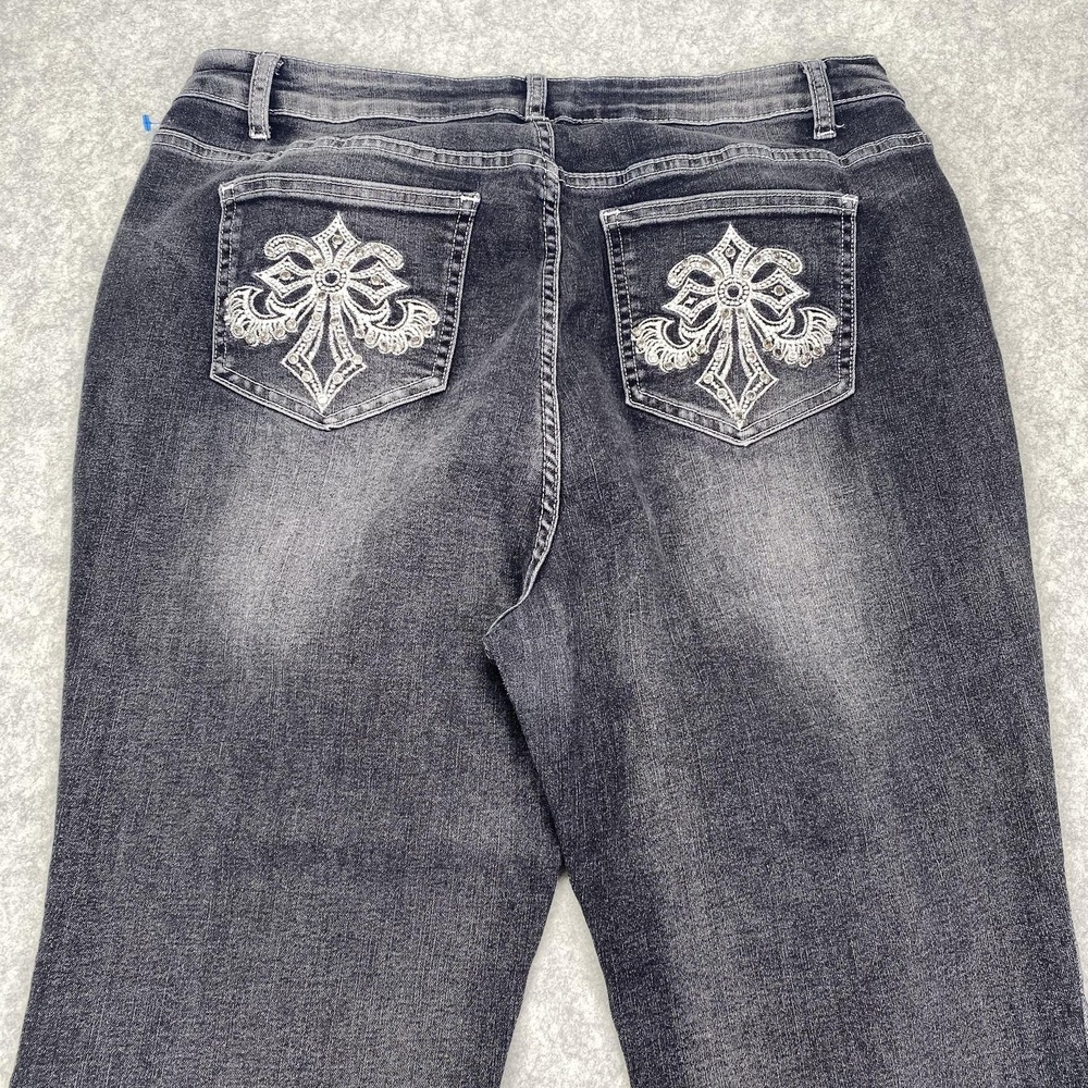 ROMWE Flare Jeans Womens 1XL (32x27) Gray High Rise Embroidered Stretch Denim